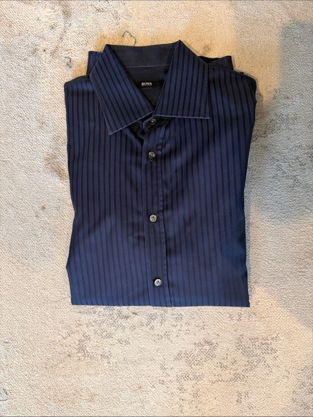 BOSS Men's Dark Blue Subtle Striped Dress Shirt